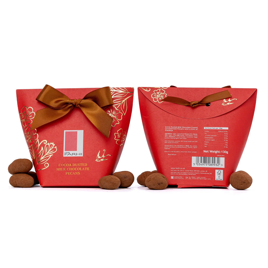 Cocoa Dusted Milk Chocolate Pecans in Bow Box, 130g