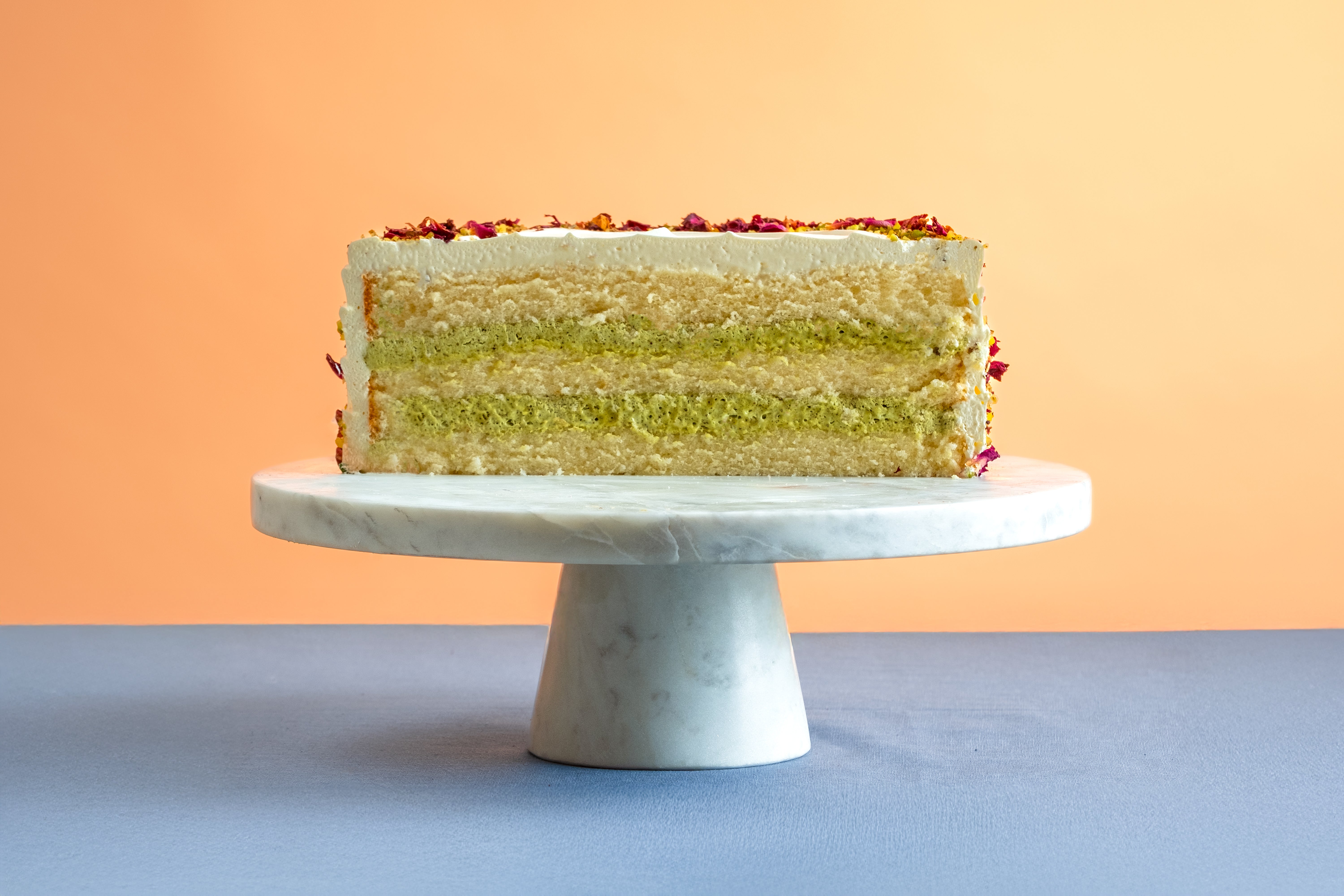 Pistachio and rose petal cake
