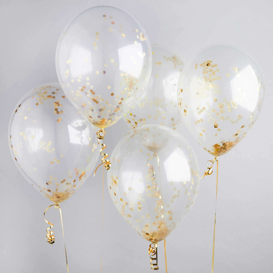 Gold Confett Filled 12" Latex Balloons 5 Pack